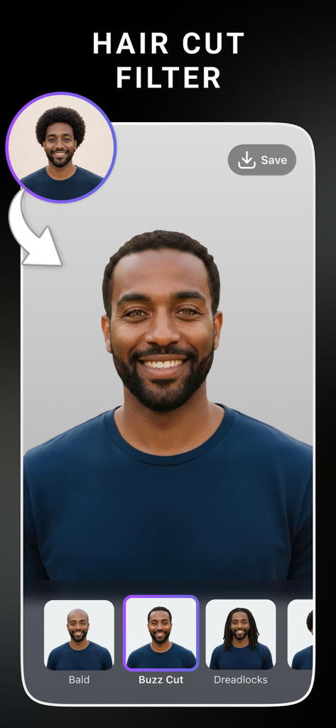 AI Hairstyle + - Interfaz de aplicación móvil que muestra un filtro de corte de pelo IA con un hombre probando un estilo de corte rapado