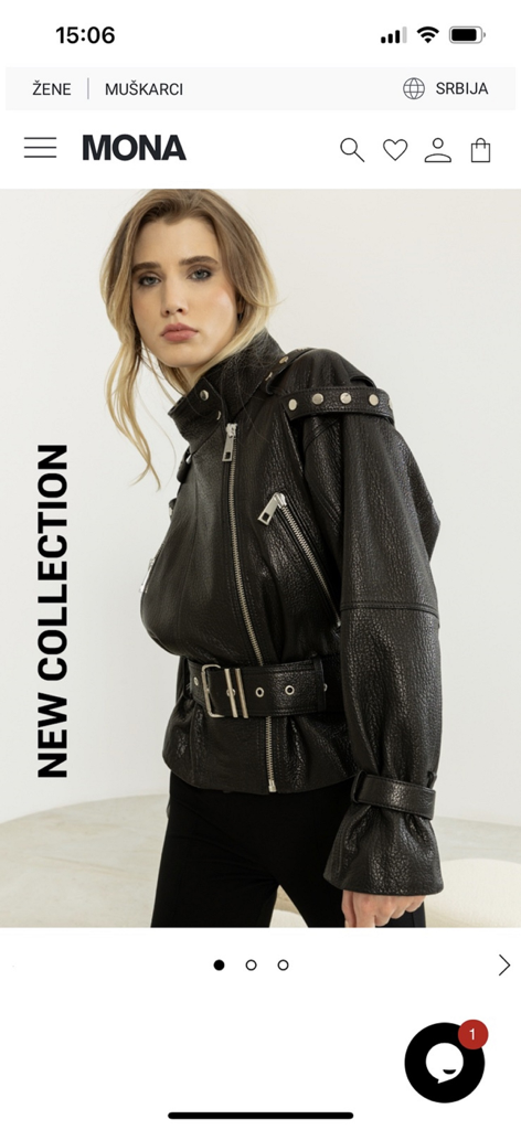 Mona fashion app homepage featuring a woman in a black leather jacket from the new collection