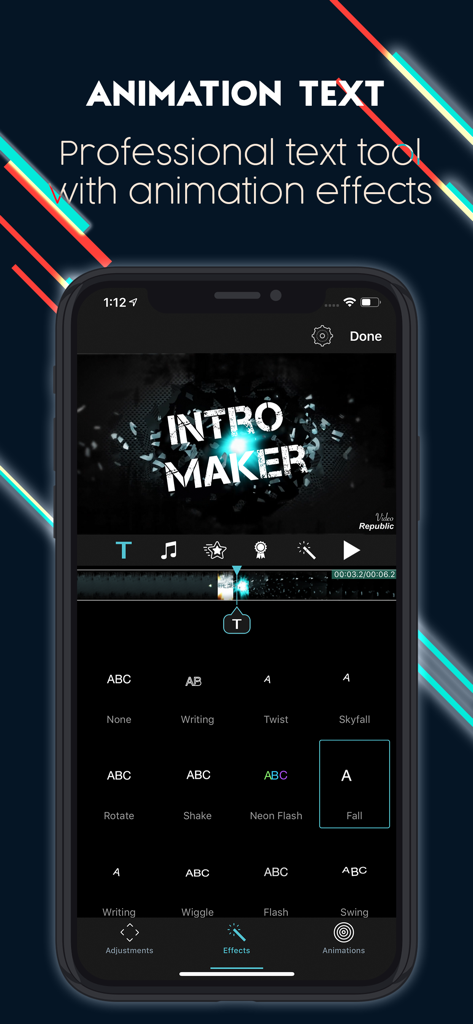 IntroTube: Intro Video Maker - Interfaccia dell'app mobile IntroTube che mostra vari effetti di animazione del testo e strumenti di editing per intro video professionali