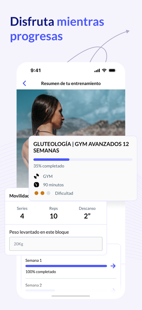 Saiyan Workout - Entrenamiento - Saiyan Workout app interface showing an advanced 12-week gym training summary and exercise tracking