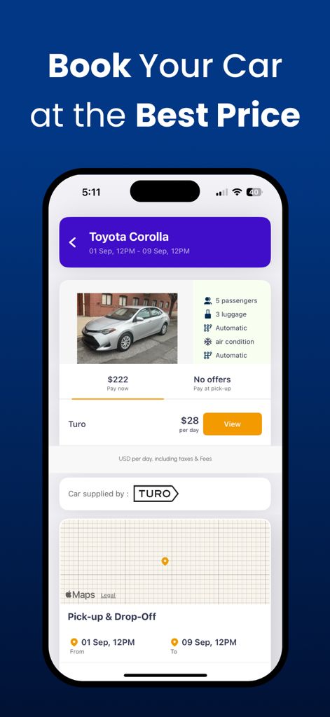 Cheap Car Rental・Cars Hire App - Mobile app screen showing booking details for a Toyota Corolla rental including price and vehicle features