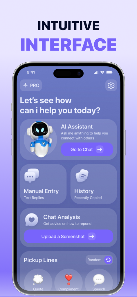 AI Flirt Text Assistant App - Main dashboard of the AI Flirt Text Assistant app featuring AI assistant chat, chat analysis from screenshots, and a pickup line generator.