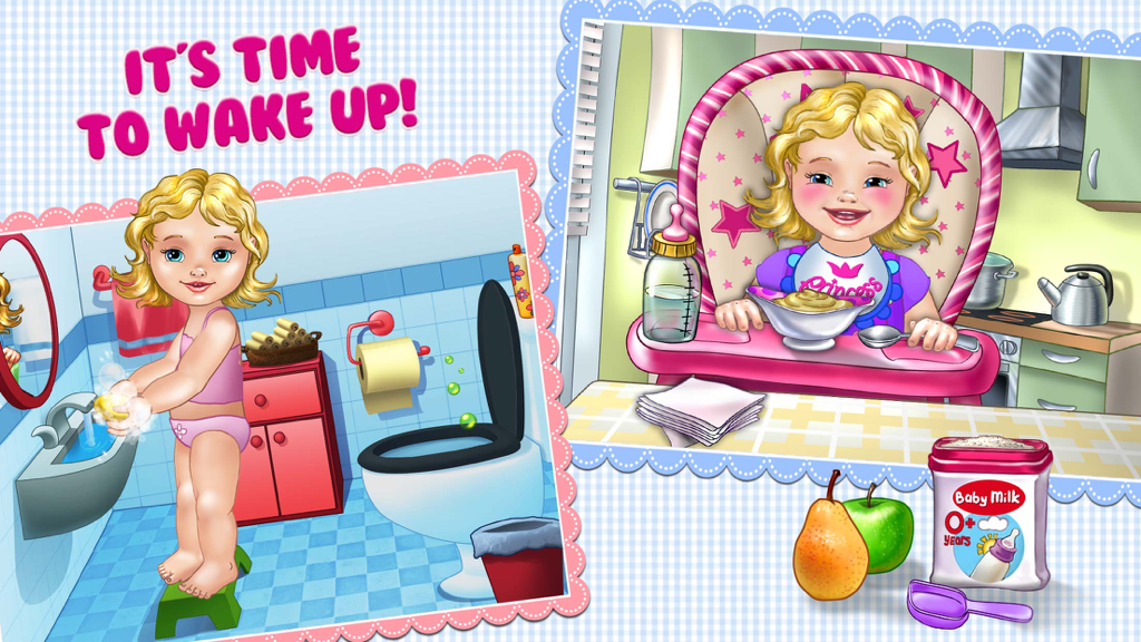 Gameplay of Baby Dream House showing hygiene and eating routines for kids.