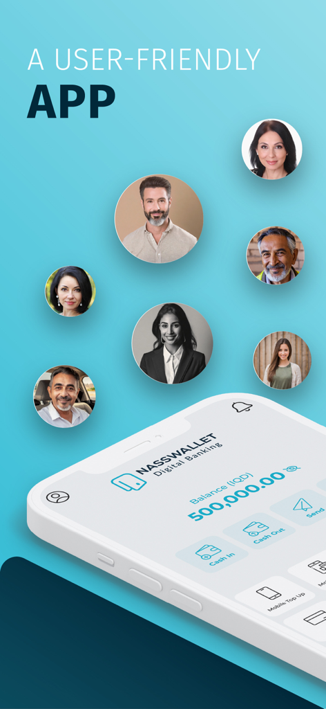 NassWallet digitale Banking-App-Oberfläche, die den Kontostand und Finanzdienstleistungen wie Geldüberweisungen und mobile Aufladungen anzeigt