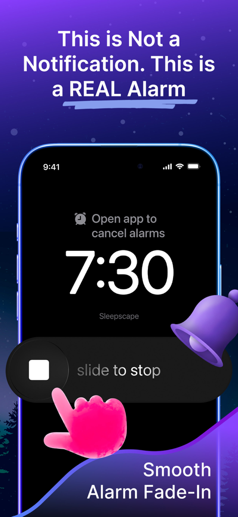 Sleepscape: Sleep Aid Alarm - iPhoneのロック画面。7:30のアラームと、スライドして停止するスライダー、穏やかなフェードインテキストが表示されたSleepscapeネイティブアラームを表示しています。