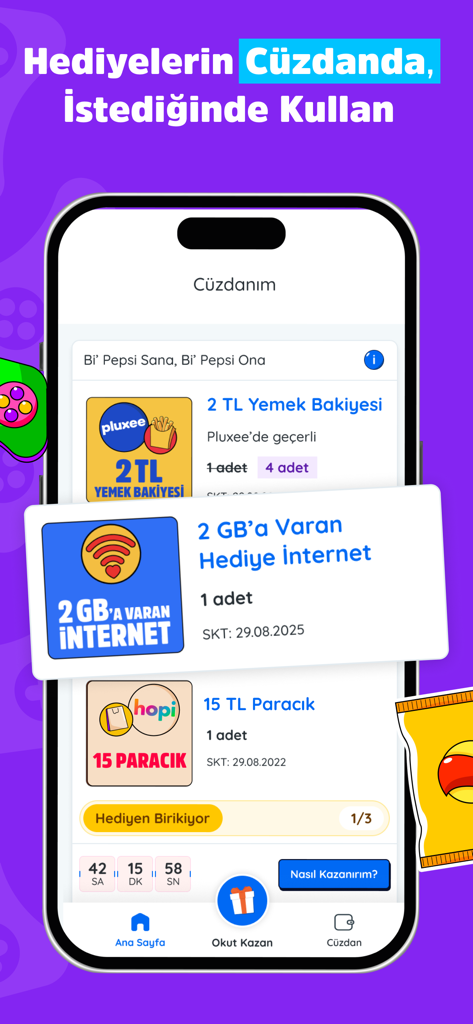 Digital wallet in KazandıRio app showing rewards like free mobile data and food vouchers