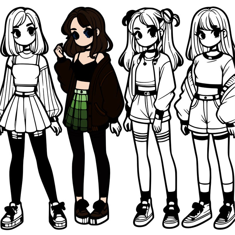 one girl with crop-top shirt and a jacket with a skirt, long socks and another girl with a shirt and pants with a jacket