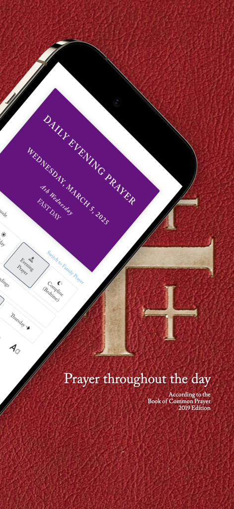 Smartphone displaying the Daily Evening Prayer screen from The Daily Office app over a red leather background