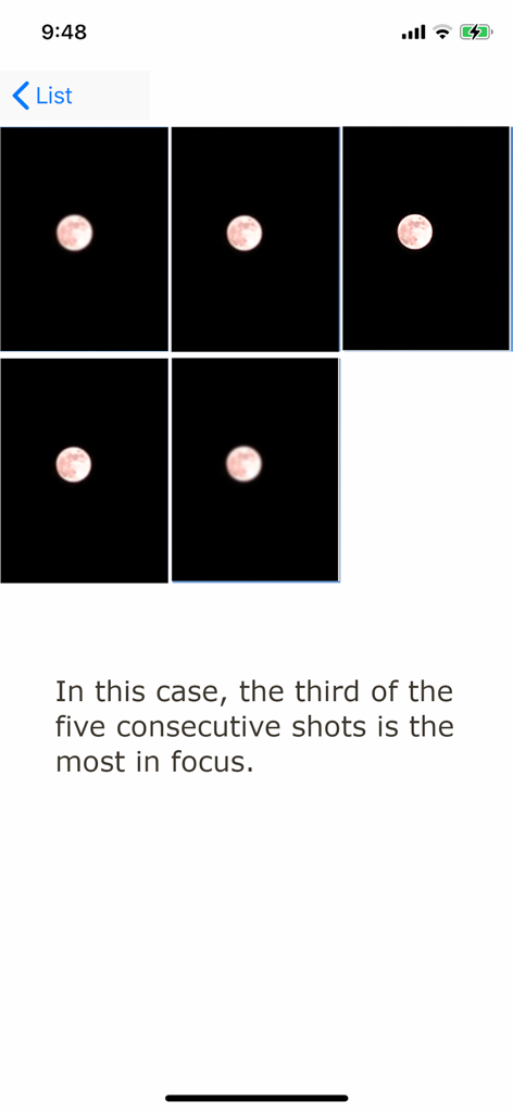 MoonCatcher - A sequence of five consecutive moon photos in the MoonCatcher app demonstrating focus shifting to find the sharpest image.