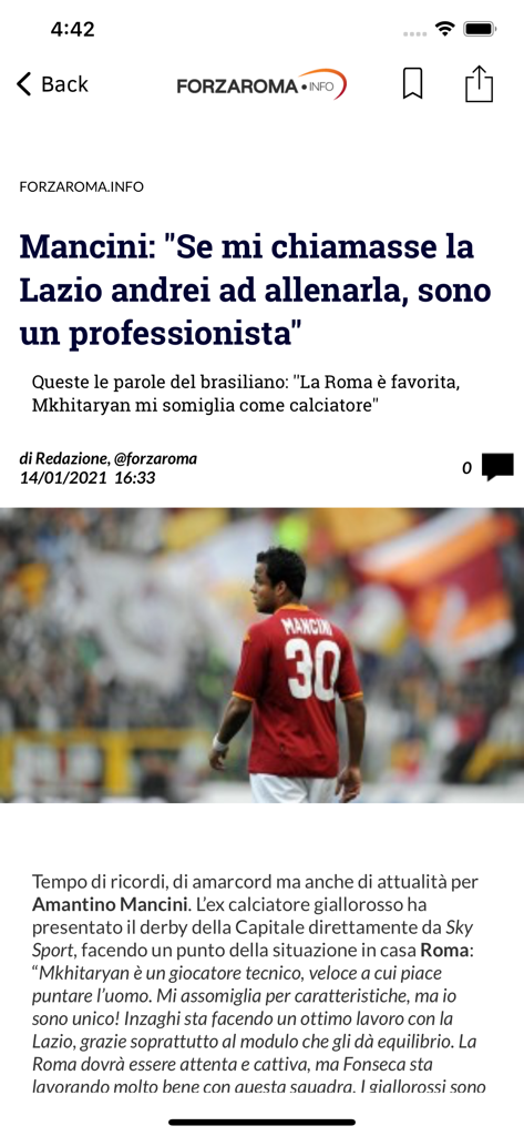 Screenshot of the Forzaroma info app showing a news article about AS Roma