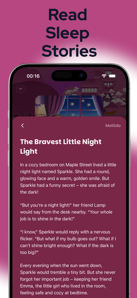 ASMR Sleep Sound Mix: Soundify - Tela de um telefone celular mostrando uma história para dormir intitulada A Pequena Luz Noturna Mais Corajosa dentro do aplicativo Soundify.