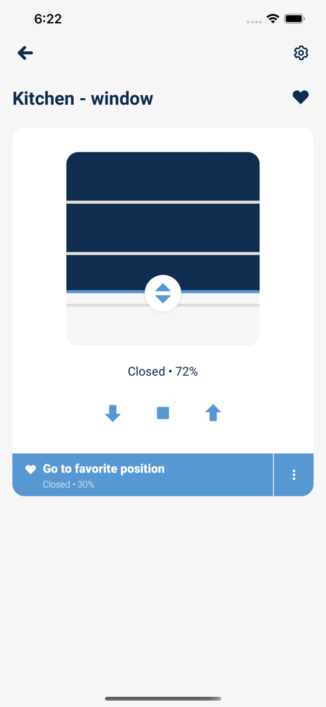 wBox by blebox.eu - Smartphone app interface for remote control of kitchen window blinds showing closed percentage and movement buttons