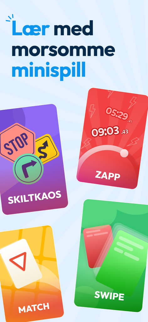 Drivly: Pass your permit test - Interfaz que muestra cuatro coloridas tarjetas de minijuegos para aprender las reglas de tráfico en la aplicación Drivly.