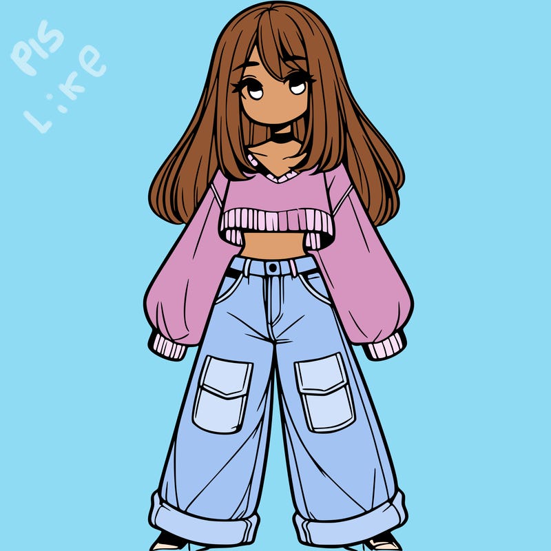 cute girl with straight hair in baggy jeans and a crop top and a sweater