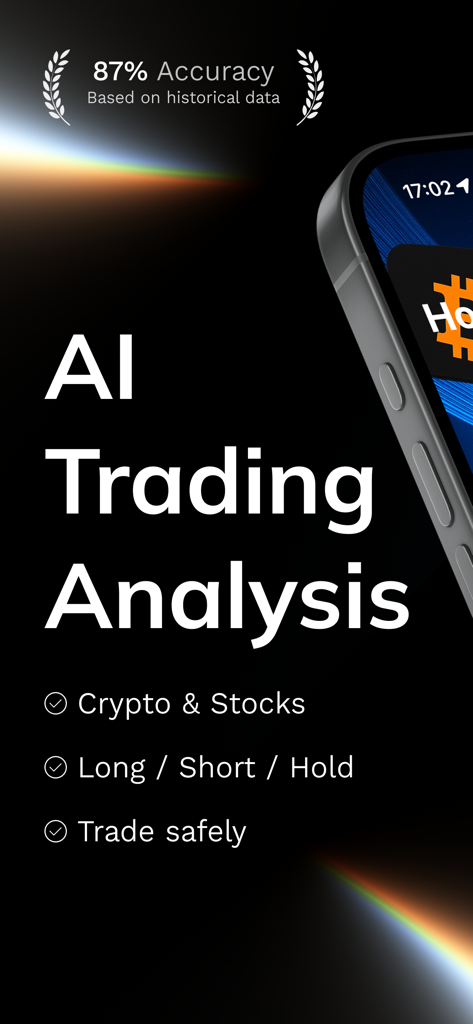 Stockio: AI Trading Signals - Interface de l'application mobile Stockio présentant l'analyse de trading IA pour les actions et les cryptos avec des statistiques de précision.