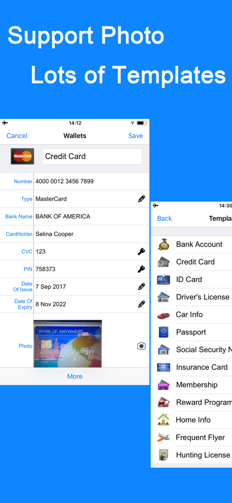Password Manager- - Aplicativo iPassword mostrando detalhes de cartão de crédito e modelos de dados