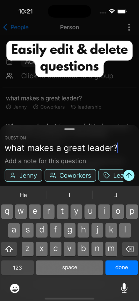 Exo: Have better conversations - Interface of the Exo app showing a user editing a conversation starter question and tagging it for specific people and groups