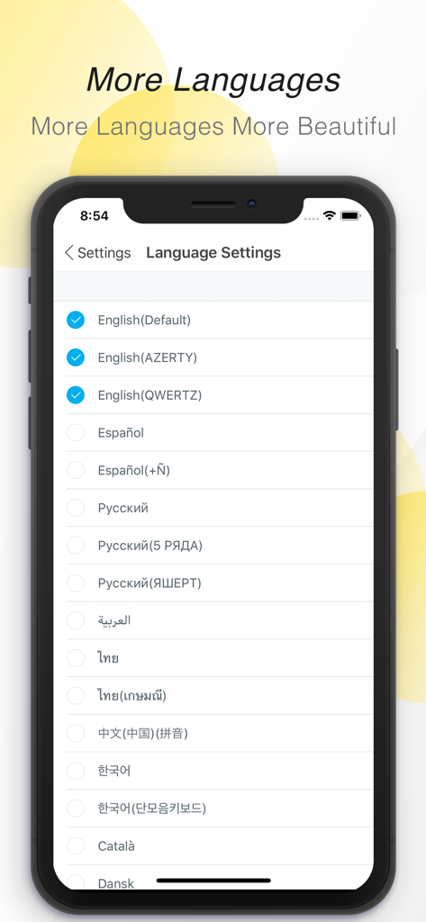 GO Keyboard-Emojis&Cool Themes - Captura de tela das configurações de idioma do aplicativo GO Keyboard mostrando várias opções de idioma como inglês, espanhol e russo.