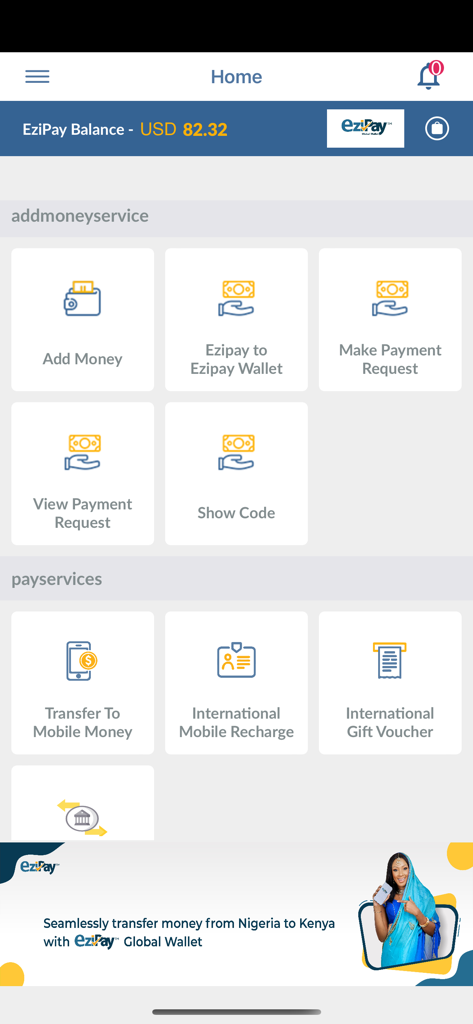 Ezipay Global - Home screen of Ezipay Global app showing account balance and financial service icons for transfers and recharges.