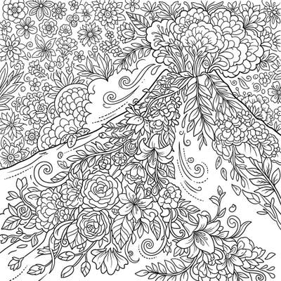 Experience an extraordinary fusion of nature's power and delicate beauty with this Spring Pyroclastic Flowers coloring page. Dive into a world where volcanic flows transform into cascades of vibrant spring blossoms, perfect for a unique creative escape.