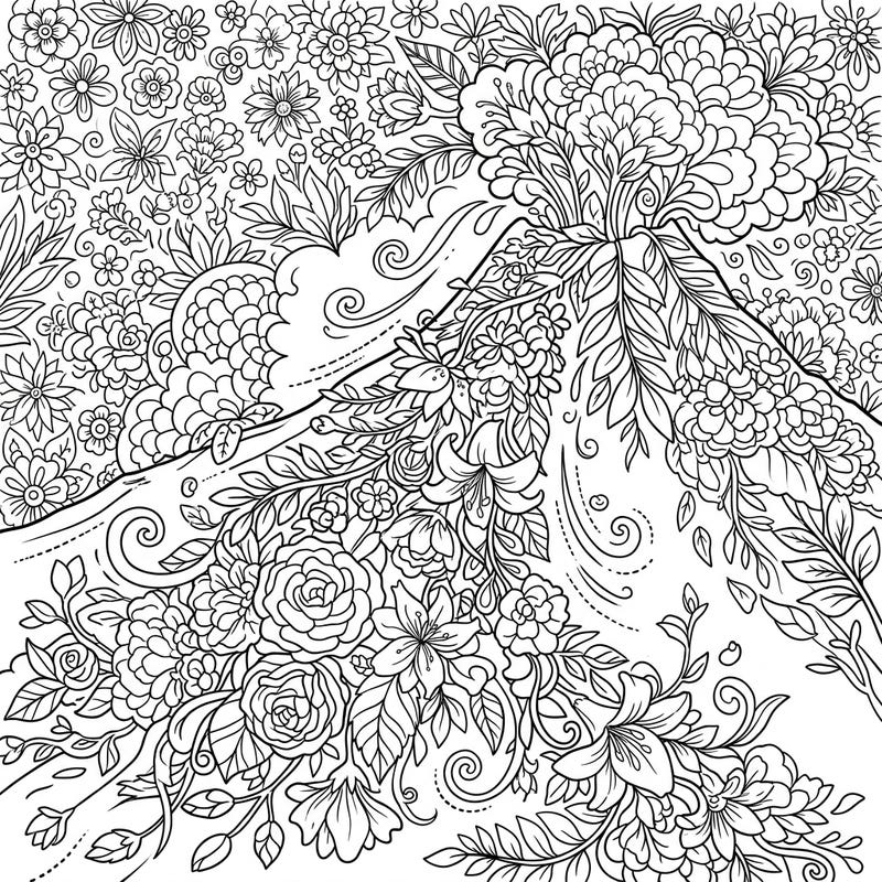Experience an extraordinary fusion of nature's power and delicate beauty with this Spring Pyroclastic Flowers coloring page. Dive into a world where volcanic flows transform into cascades of vibrant spring blossoms, perfect for a unique creative escape.