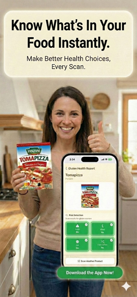 Gluten Free Scanner GF - A woman holding a food product next to a smartphone showing a gluten health report from the Gluten Free Scanner app.