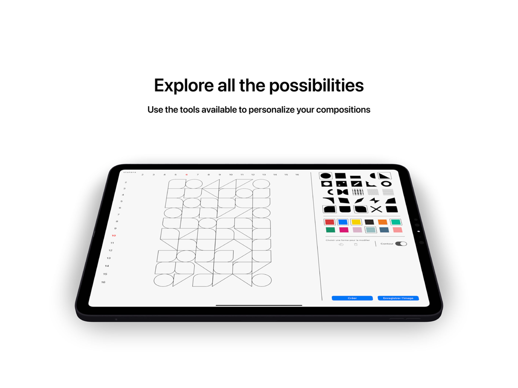 iPad zeigt die Statera App-Oberfläche mit einem Raster geometrischer Muster und einer Seitenleiste mit kreativen Design-Tools