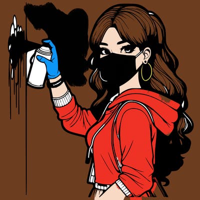 realistic girl with mask spray painting a wall