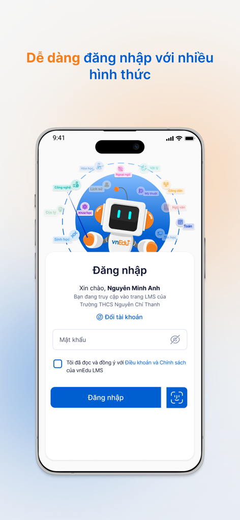 vnEdu LMS - Login screen of the vnEdu LMS app on an iPhone showing a student name and password entry field.