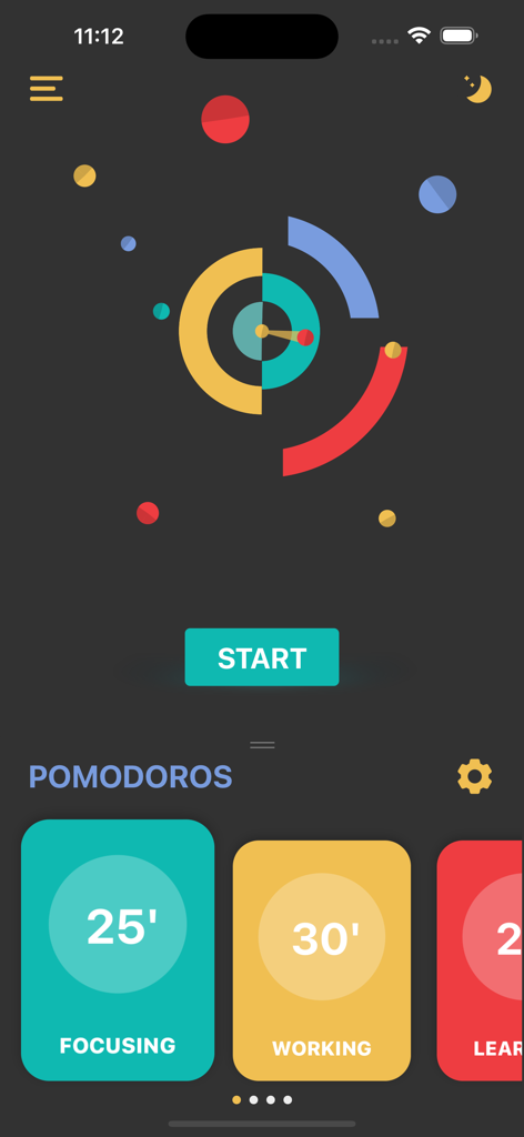Pomodoro Daily - Interfaz principal de la aplicación Pomodoro Daily que muestra un temporizador minimalista y preconfiguraciones de sesión para enfocar y trabajar