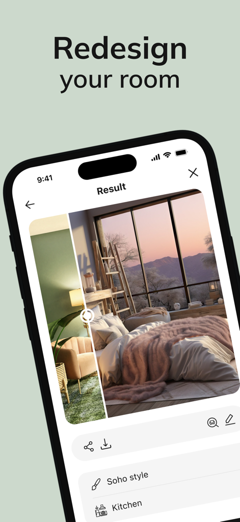 Una pantalla de teléfono inteligente que muestra una rediseño de dormitorio generado por IA en estilo Soho con vista a una montaña al atardecer