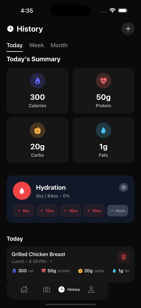 CalScan AI - Calorie Tracker - CalScan AI history dashboard displaying daily calories macros and hydration tracking