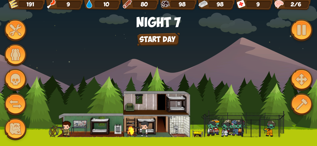 Zombie Forest HD: Survival - Gameplay screenshot of Zombie Forest HD Survival showing a multi-room survivor base and a zombie pen at night.