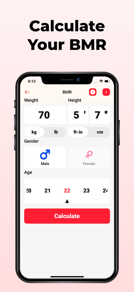 BMI-Calculator Weight App - Interfaz de usuario de una app calculadora de TMB que muestra entradas para peso, altura, género y edad
