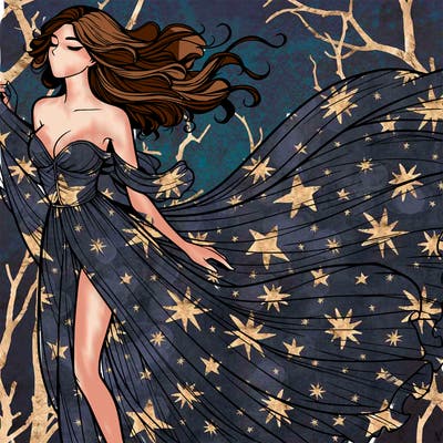 realistic woman in dress flowing the the wind