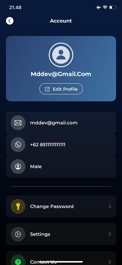 MD NOW - LiveTV - MD NOW app account screen showing user profile details and settings options
