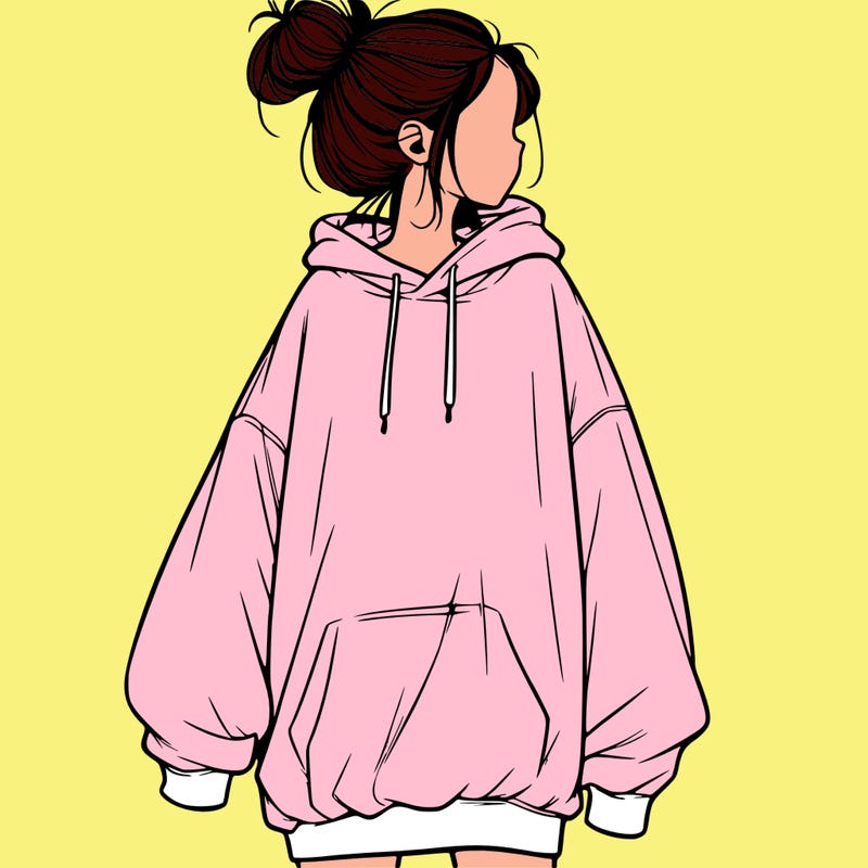 realistic girl with a oversized sweatshirt on and a bun