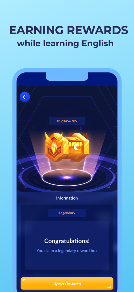 Learning English: Eng Breaking - Eng Breaking mobile app screen showing a legendary reward box for earning rewards while learning English