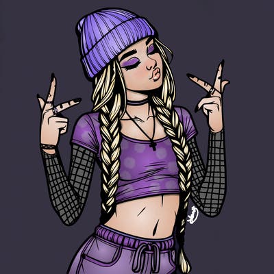 realistic teenage girl with braids and a beanie and crop top doing 🫶🏼