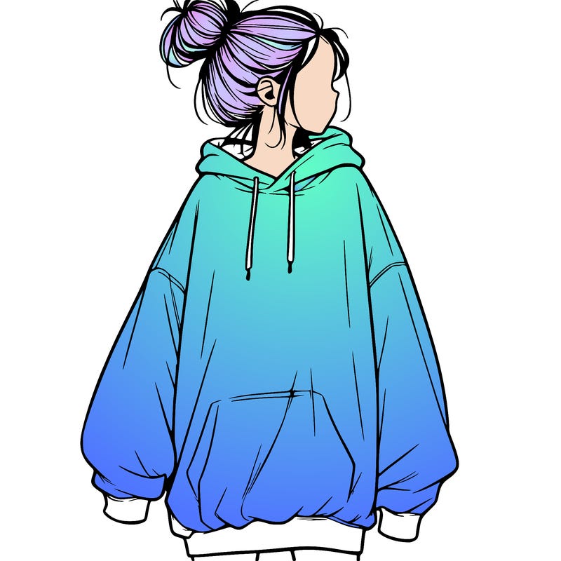 realistic girl with a oversized sweatshirt on and a bun