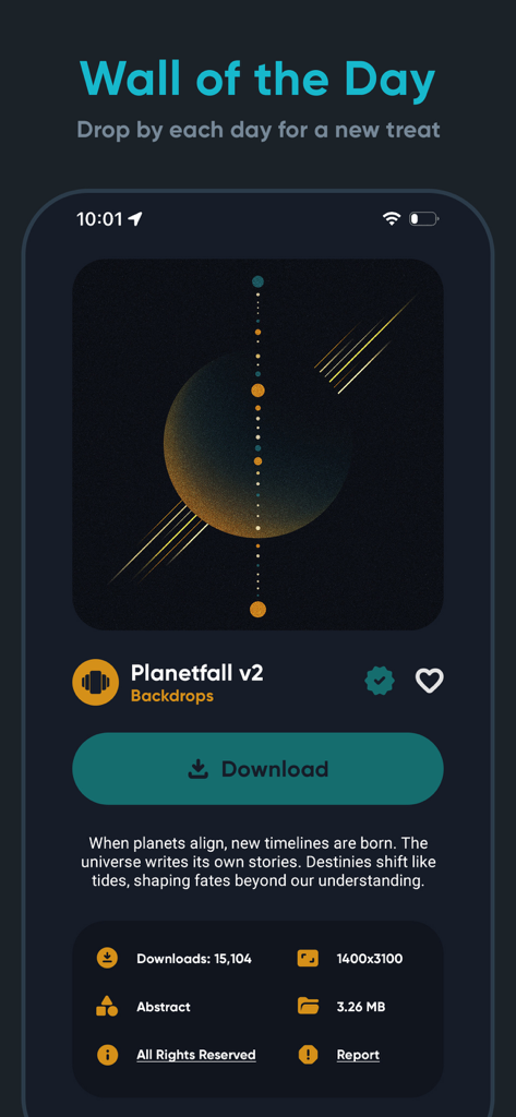 Screenshot der Backdrops-App mit dem 'Wall of the Day' namens Planetfall v2 mit einem Download-Button und Bilddetails.