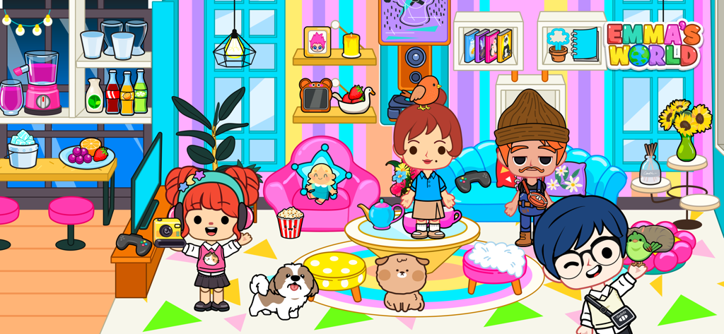 Emma's World - Town & Family - Una colorida sala de estar en Emma's World Town and Family con personajes de dibujos animados, mascotas y artículos interactivos para el hogar