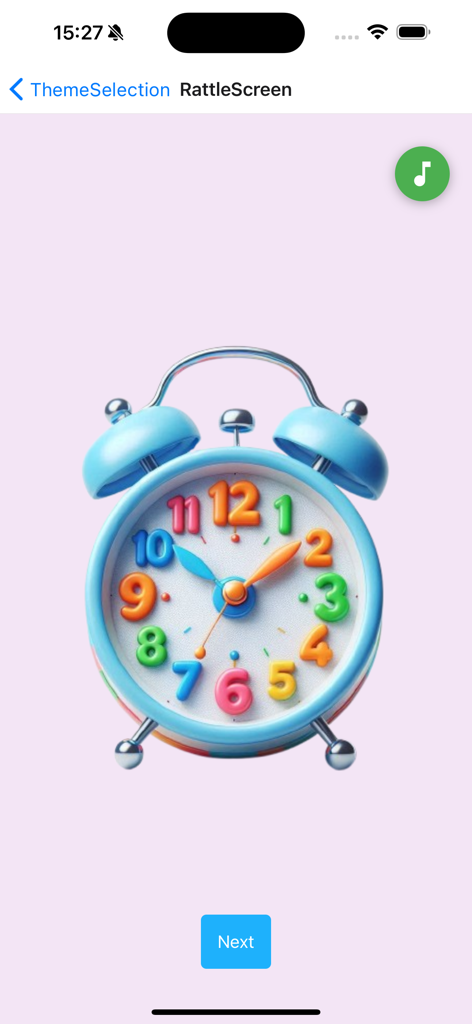 Rattle Clatter - A colorful toy alarm clock on the screen of the Rattle Clatter sensory app for babies