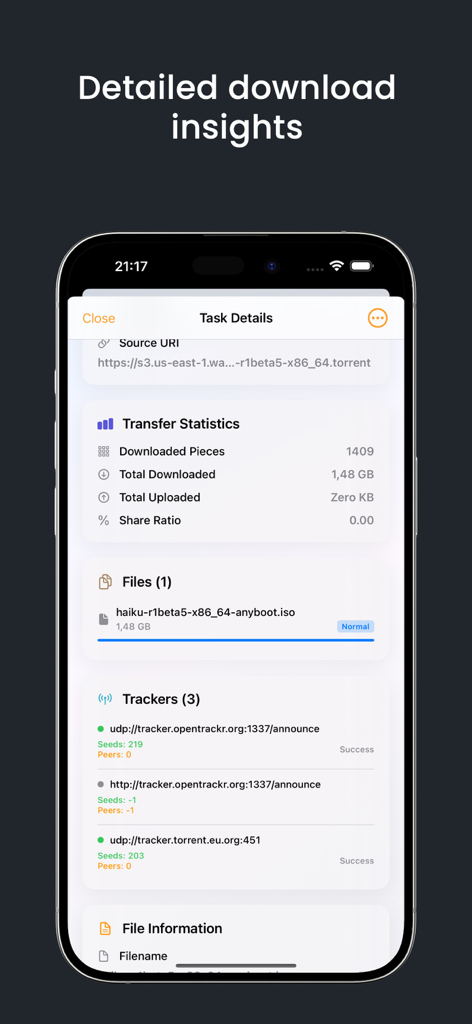 Downology - Una interfaz móvil para la aplicación Downology que muestra estadísticas de transferencia, URLs de rastreo y detalles de archivos para una descarga remota de Synology NAS.