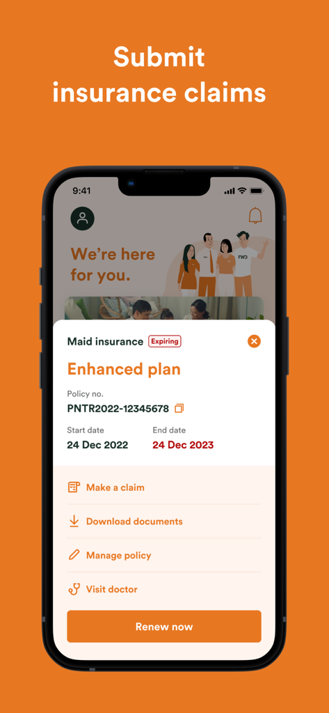 Smartphone screen displaying FWD SG app for insurance claim submission and policy renewal