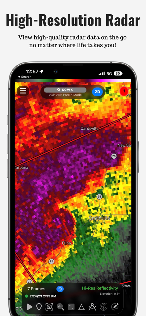 RadarOmega - RadarOmega mobile app interface displaying a high-resolution weather radar map with colorful storm reflectivity data.