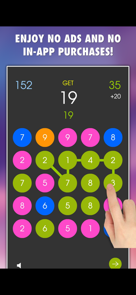 Math Connect PRO - A hand connecting numbered circles in the Math Connect PRO mobile game to reach a target sum of 19