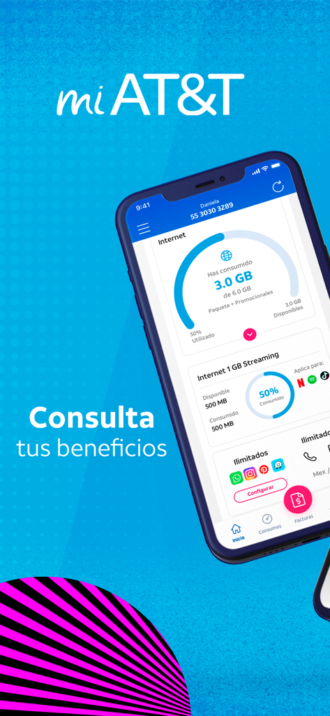 Mi AT&T - Screenshot of the Mi AT&T app displaying data usage and plan benefits in Spanish