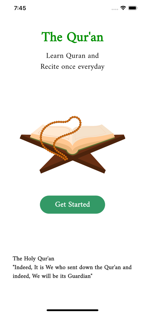 Al Quran Multilingual - Al Quran Multilingual app welcome screen with an illustration of the Holy Quran on a stand and a Get Started button.