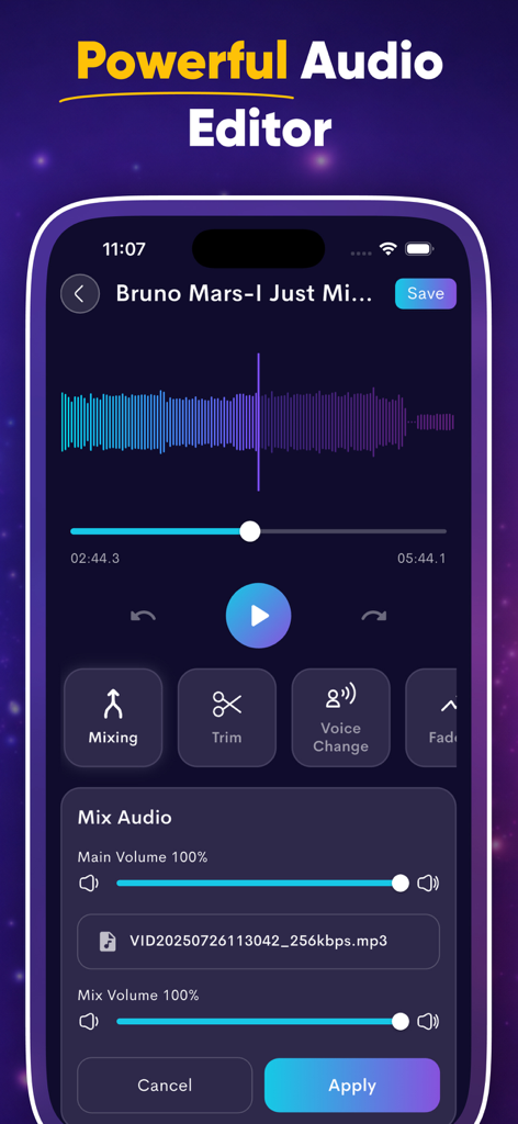 MP3 Cutter & Music Editor - Interface of the MP3 Cutter and Music Editor app showing the audio mixing tool with volume sliders and a digital waveform.